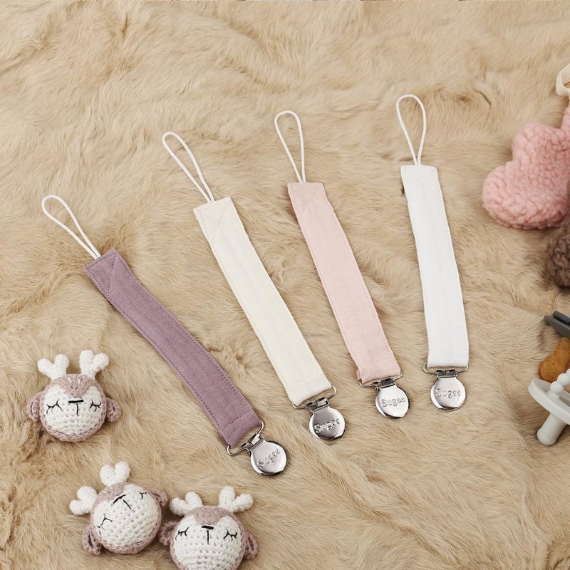 SUGEE Pacifier Clip for Baby Boy and Girl - Linen Soft Fabric Pacifier Hold with Clip for Binky, Leash Soothie Holder Unisex 4 Pack (Pink） - Image 2